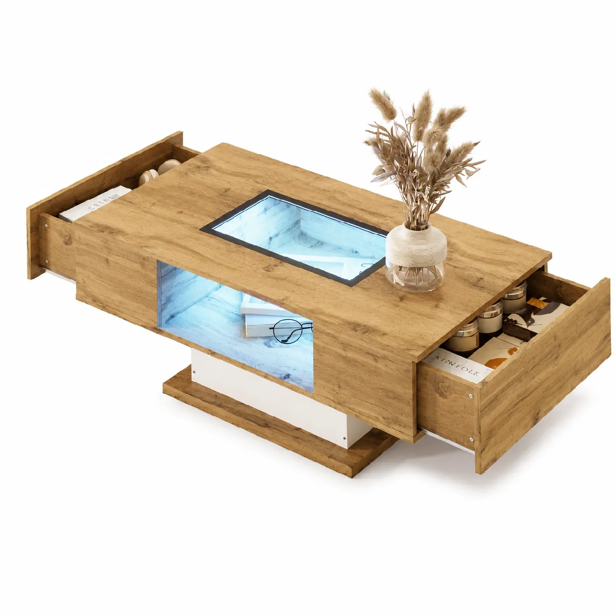Table basse 110.2x60x39.7 cm LED réglable, 2 tiroirs PB naturel et blanc
