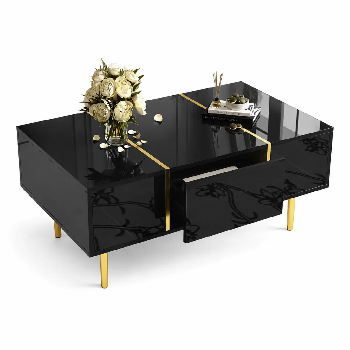 Table basse 100x60x41.5 cm 2 tiroirs finition brillante MDF noir