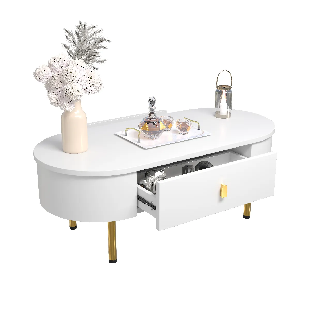 Table basse 108x50x40 cm 2 tiroirs coins arrondis MDF blanc