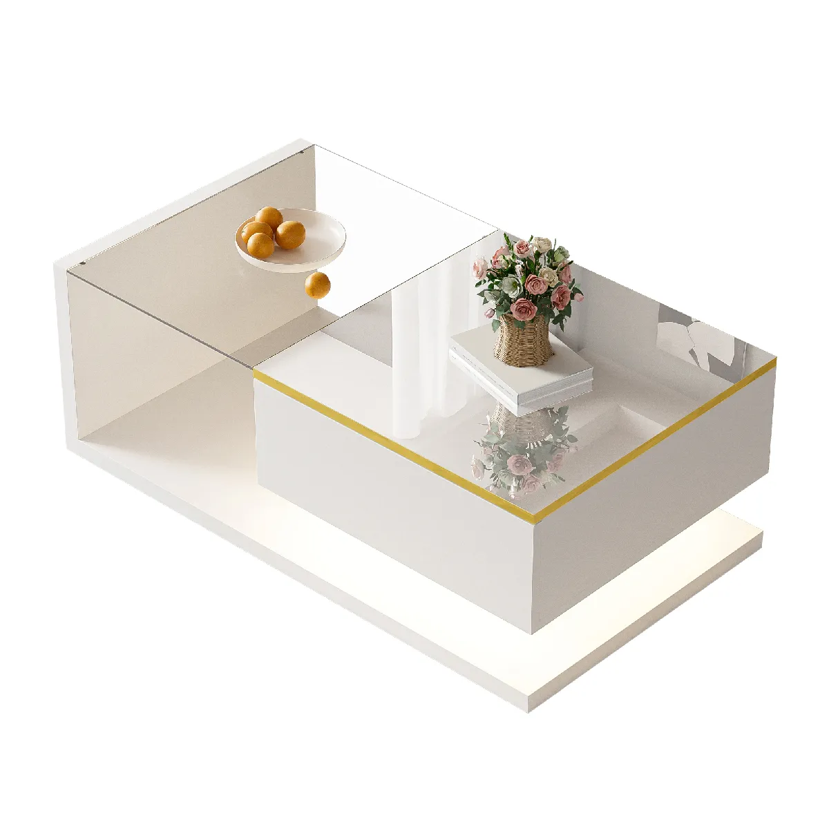 Table basse 90x50x32.5 cm LED avec rangement panneaux de particules blanc