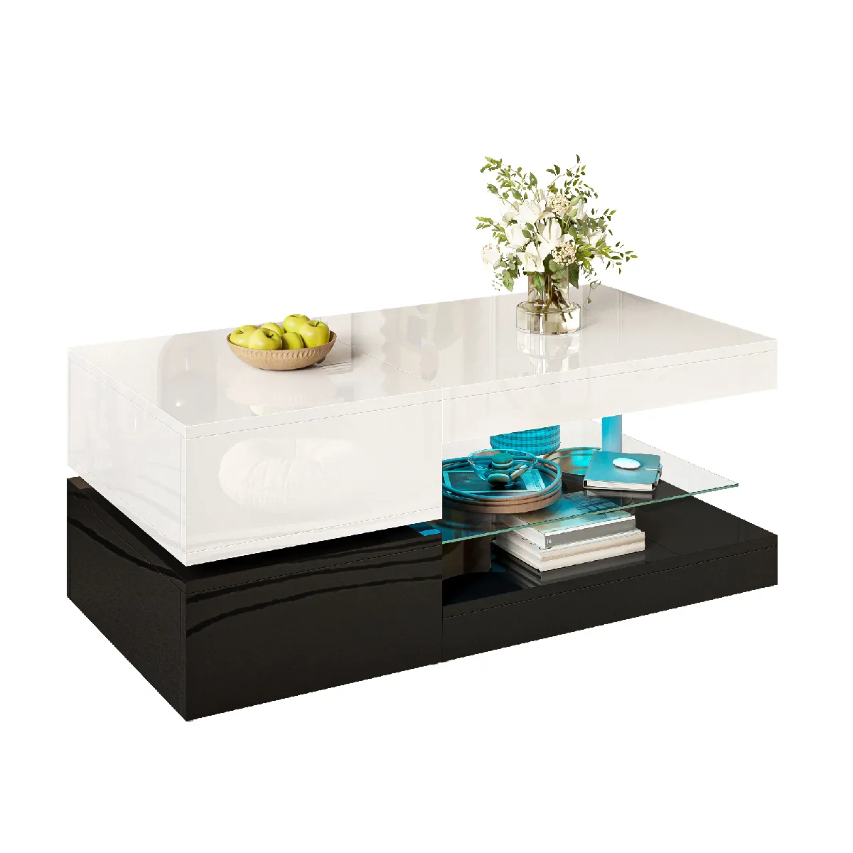 Table basse 90x45x35.5 cm LED, verre panneau de particules noir blanc