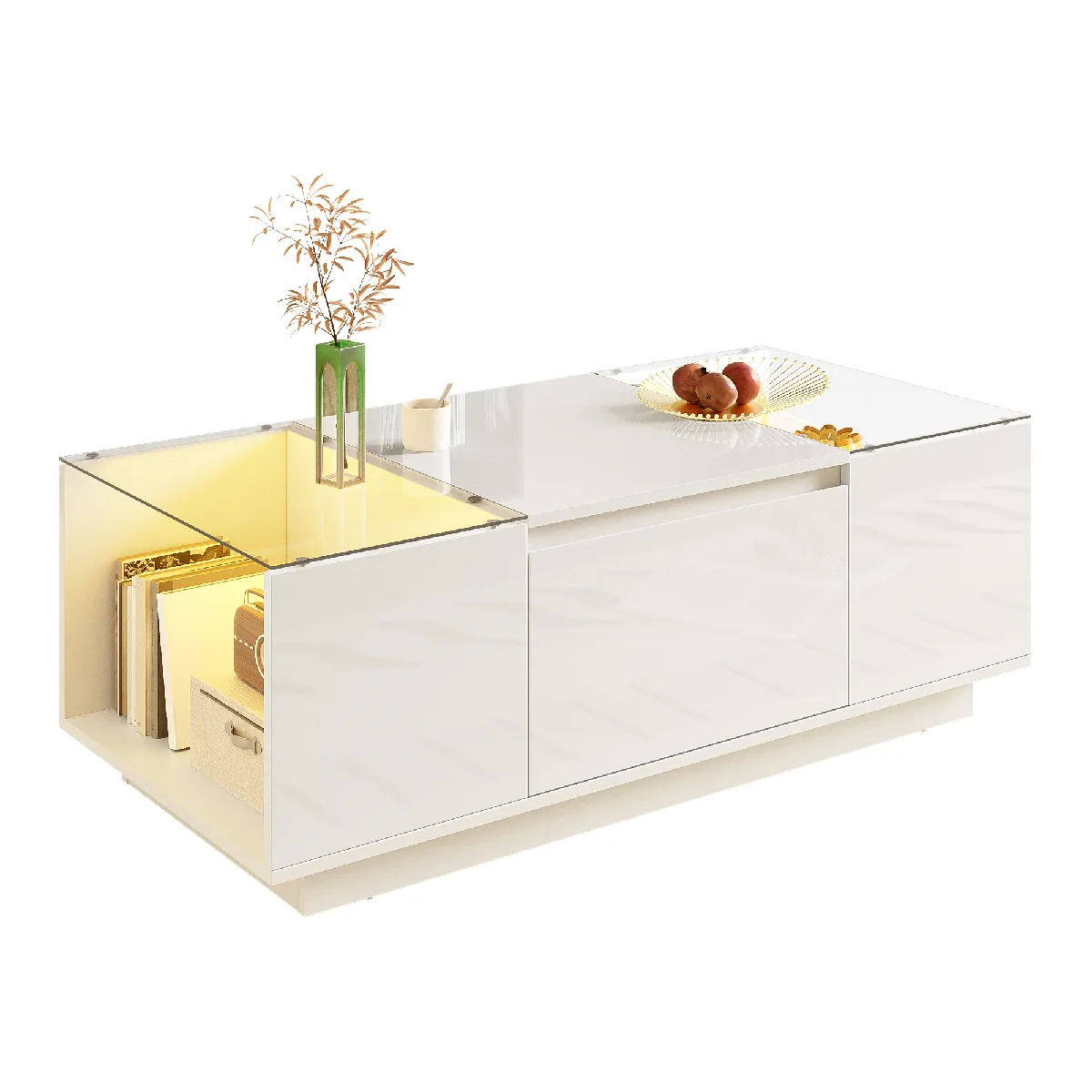 Table basse 105x50x35 cm rangement LED panneau de particules blanc
