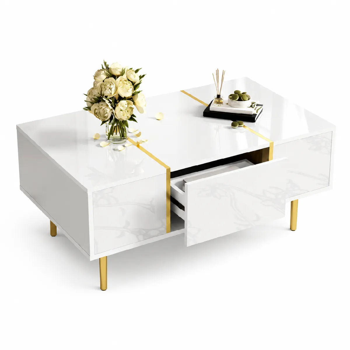 Table basse 100x60x41.5 cm 2 tiroirs finition brillante MDF blanc