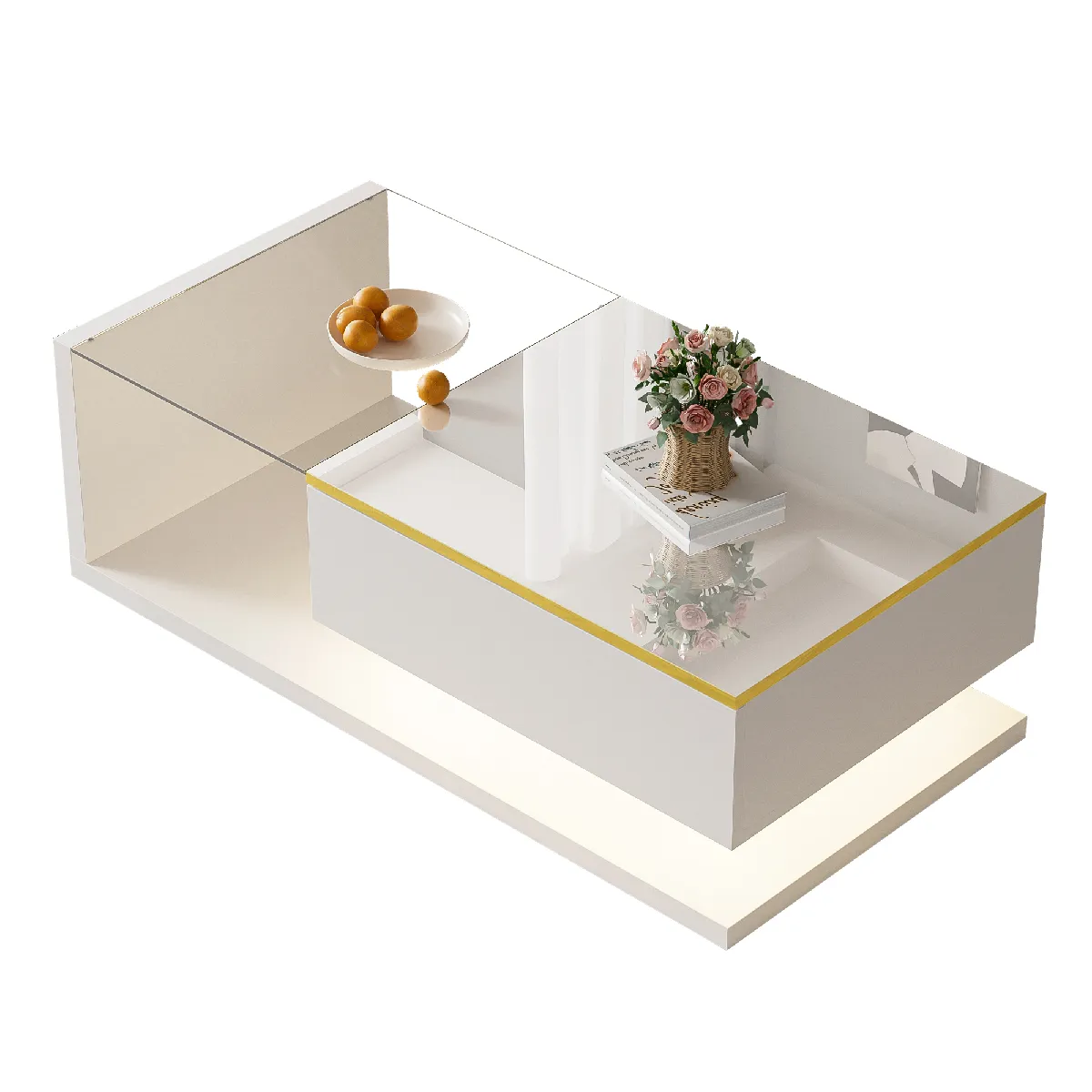 Table basse 100x50x32.5 cm rangement LED verre blanc