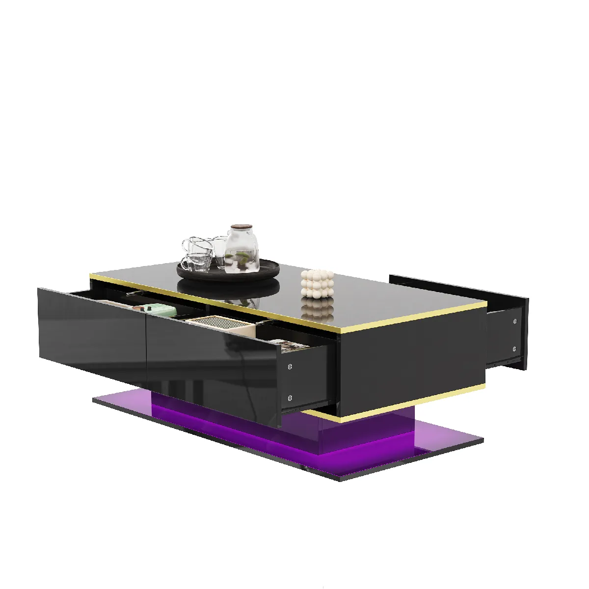 Table basse 100x50x40 cm LED réglable, 3 tiroirs panneau noir et doré