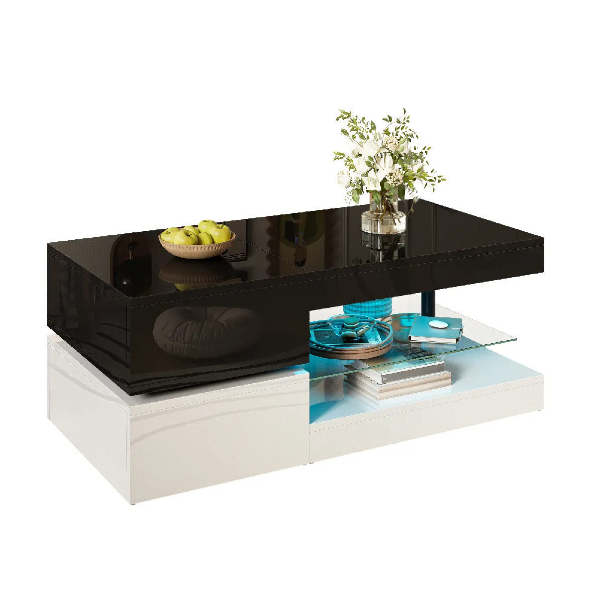 Table basse 90x45x35.5 cm LED intégrée panneau de particules noir et blanc
