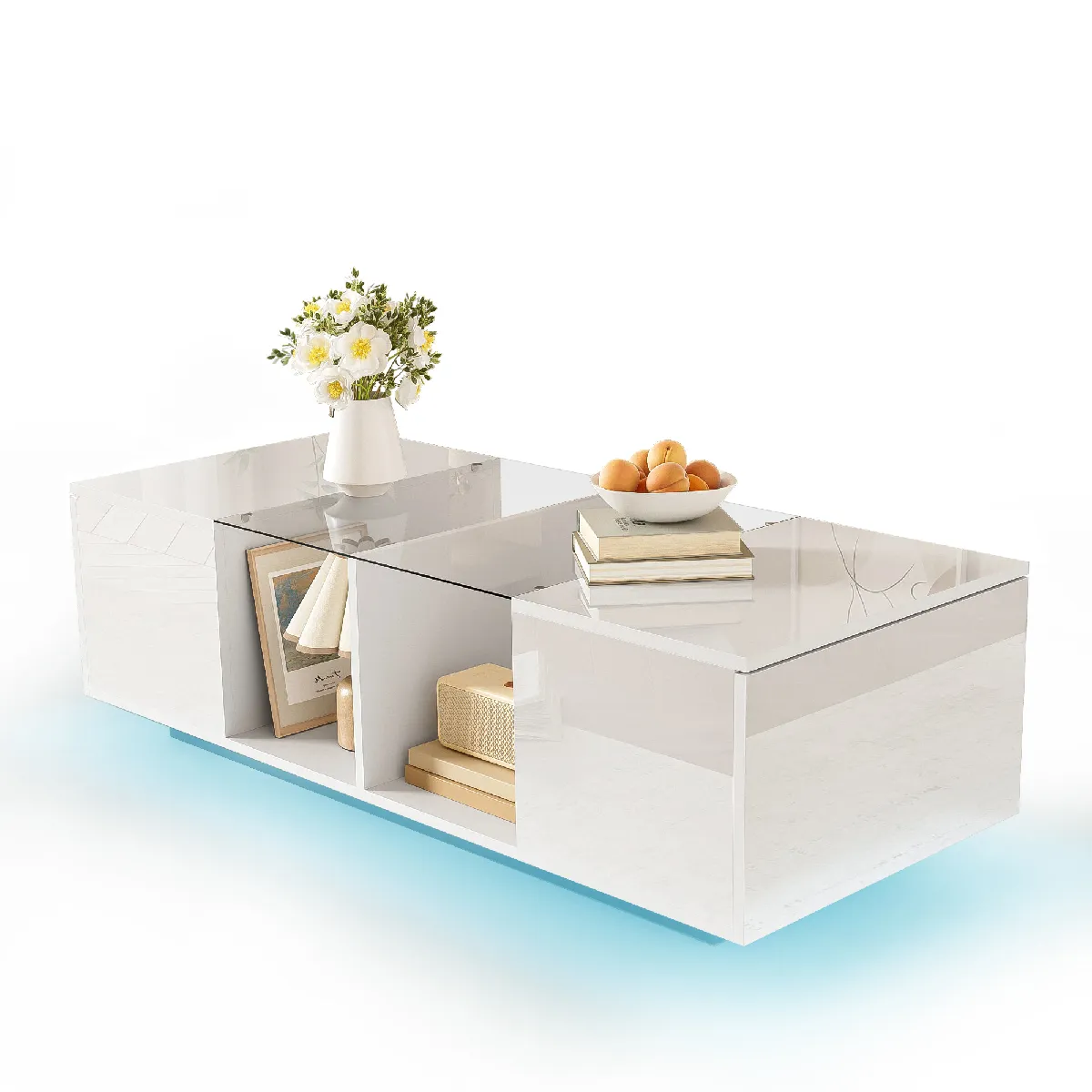 Table basse 120x50x38.5 cm LED, rangement verre MDF blanc
