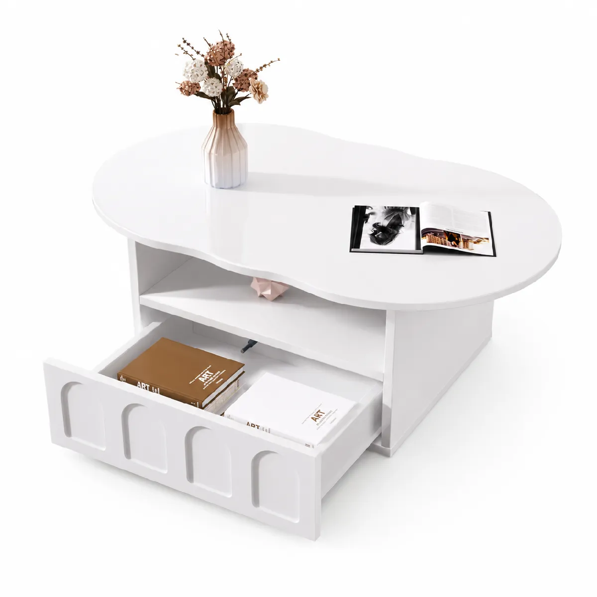 Table basse 100x60x40.5 cm forme nuage, tiroir, panneau de particules blanc