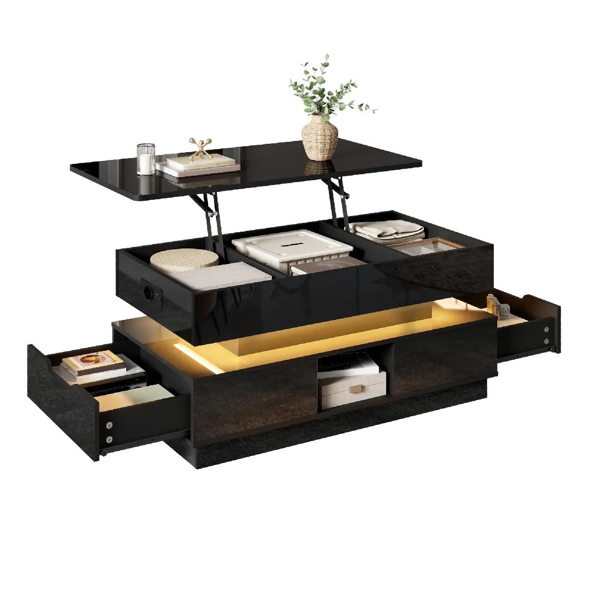 Table basse 90x48x42.5 cm plateau relevable, rangement MDF noir