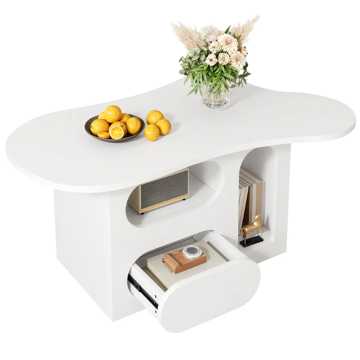 Table basse 97x45x43.5 cm, forme nuage, tiroirs, panneaux de particules blanc