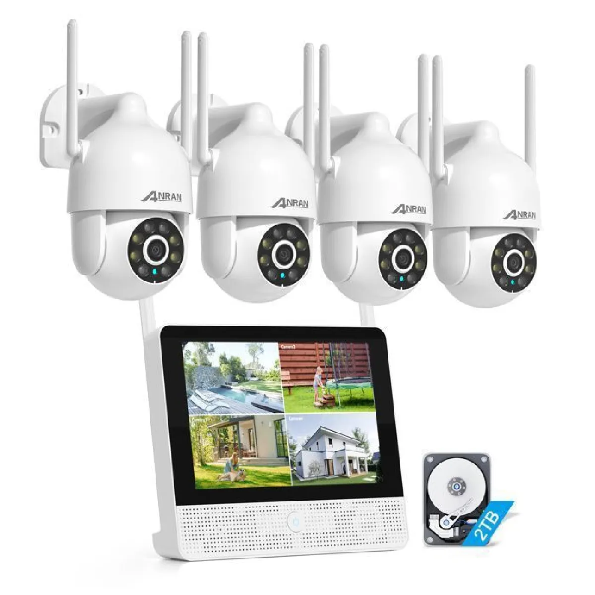 ANRAN KIT Caméra de Surveillance13" NVR 4 Caméras 360° VidéoSurveillance Audio Bidirectionnel Suivi automatique Disque dur 1To