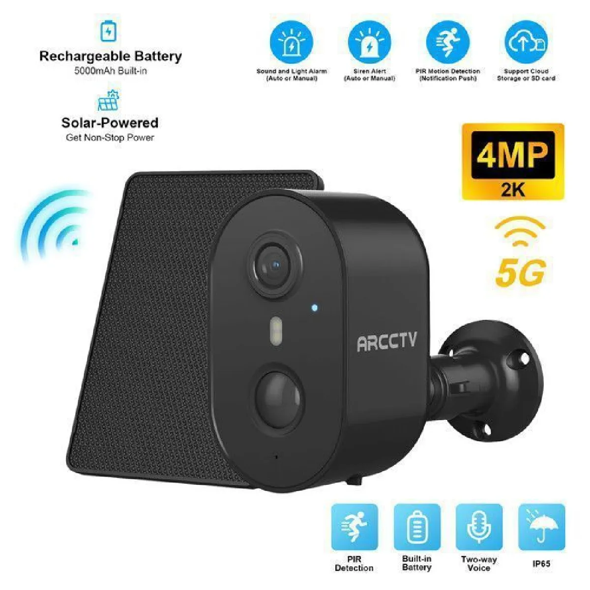 Caméra de Surveillance Sans fil avec batterie rechargeable WiFi 2.4 Ghz et 5Ghz Audio Bidirectionnel, Vision Nocturne Couleur, -ARCCTV C2 Noir