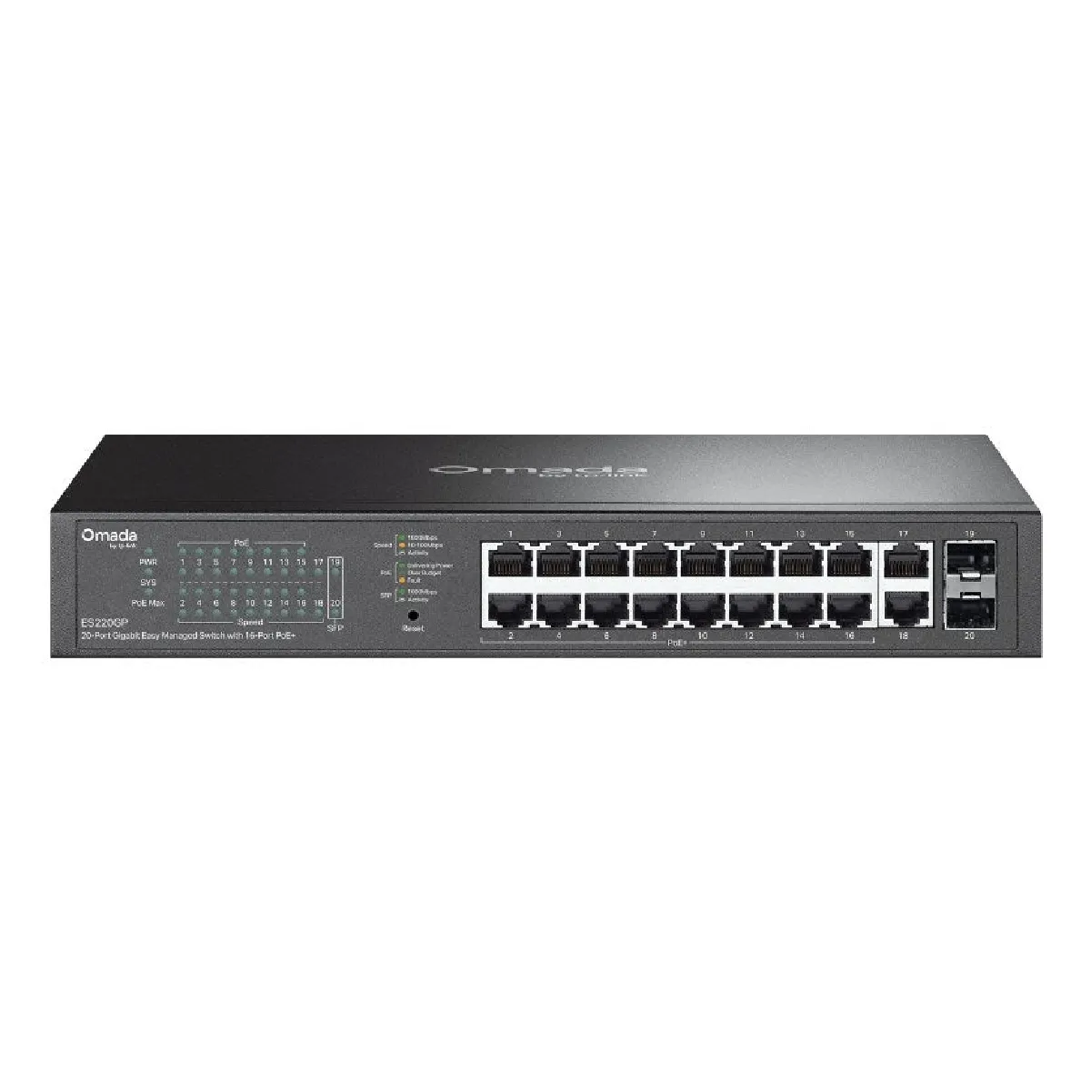 TP Link Omada ES220GP V1 Commutateur Géré 16 x 101001000 PoE+ + 2 x 101001000 + 2 x Gigabit SFP de bureau fixation murale Montable sur rack PoE+ - vue 2