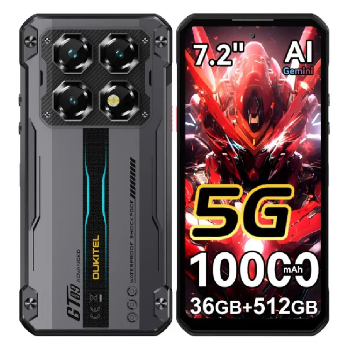 Smartphone robuste OUKITEL WP60 5G 36Go (12+24) RAM 512Go ROM,7.2"" 120Hz,10000mAh,Noir