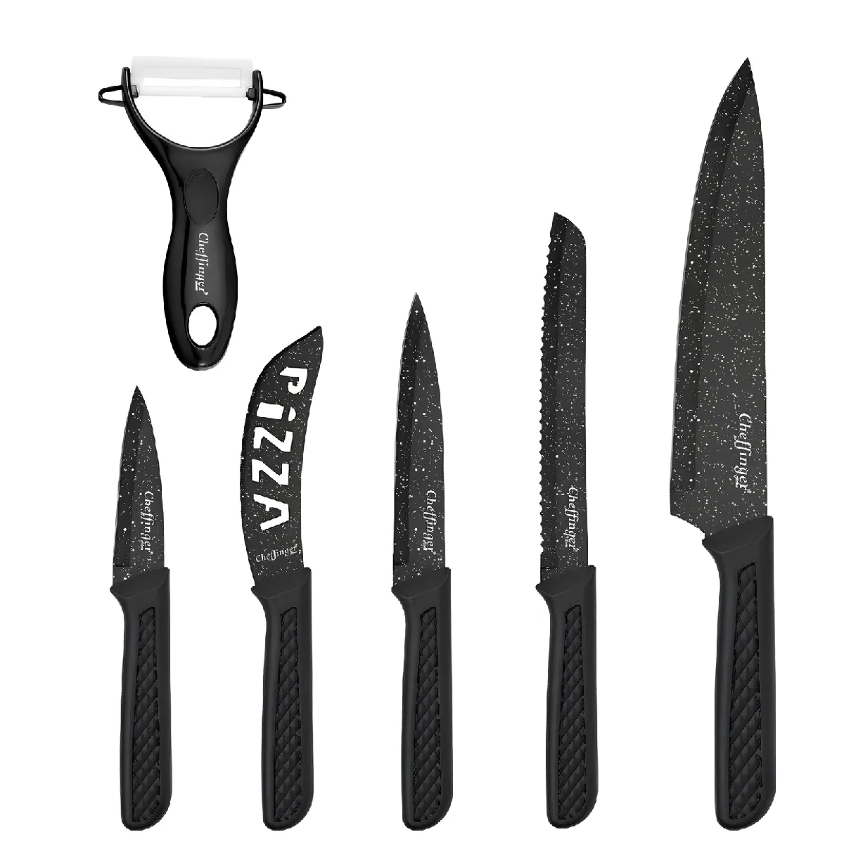 Cheffinger Set de 6 Couteaux avec Éplucheur et Couteau à Pizza Antiadhésif Noir