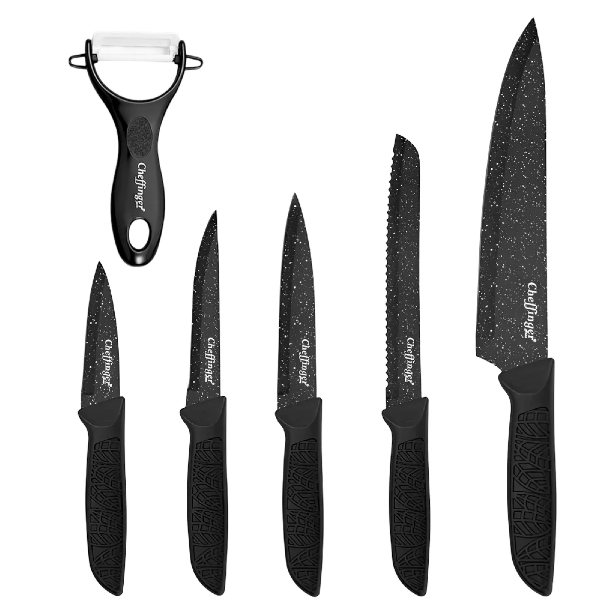 Cheffinger Set de 6 Couteaux Effet Marbre Antiadhésifs avec Éplucheur Noir