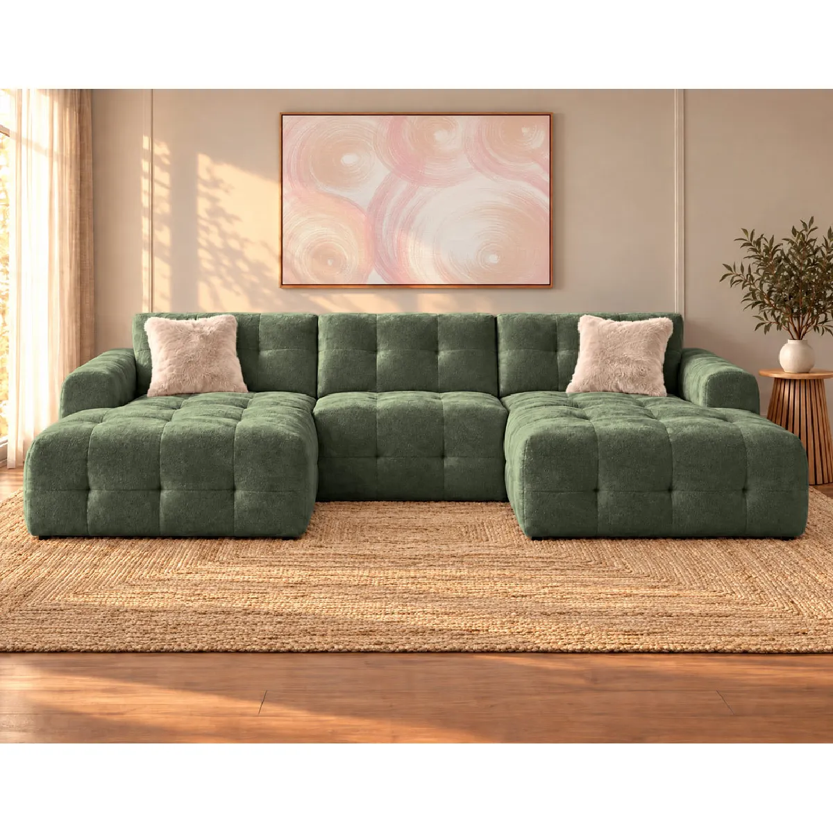 Bestmobilier Vert Diane - Canapé Panoramique En U 6 Places En Velours Texturé