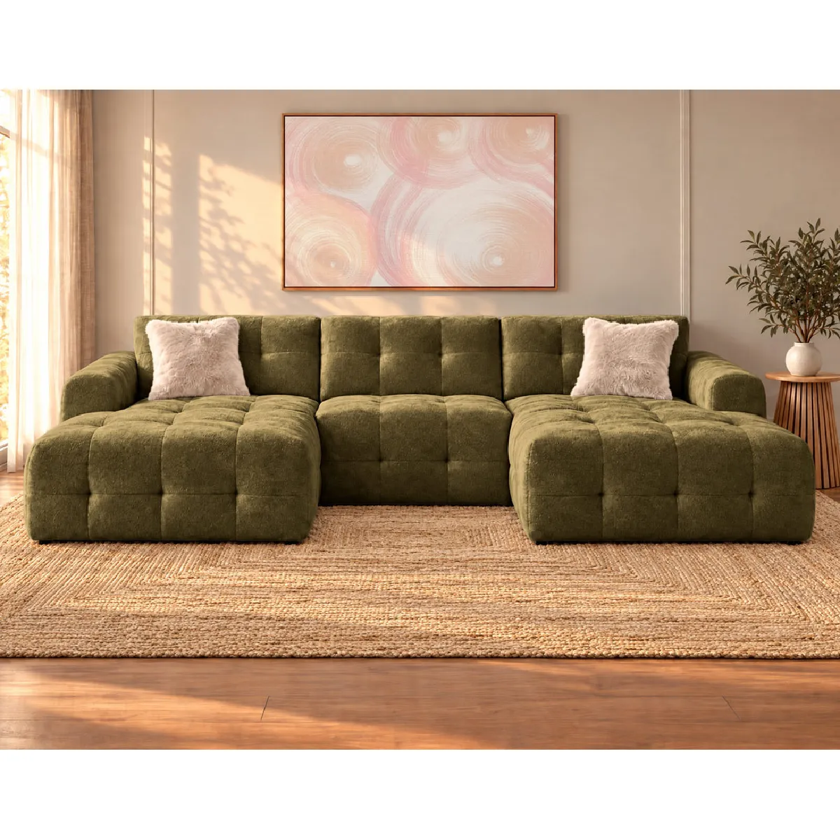 Bestmobilier Vert Diane - Canapé Panoramique En U 6 Places En Velours Texturé