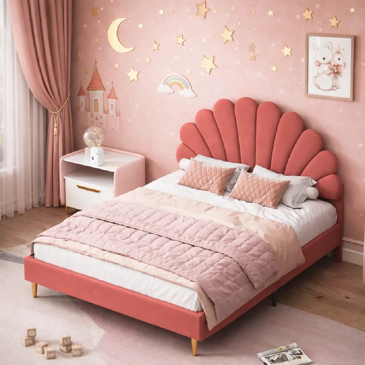 Lit double 140x200 cm, lit enfant fille avec tête de lits forme de pétale, velours, rose