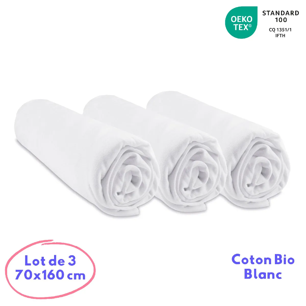 Lot de 3 Draps housse 100% Coton Bio - 70x160 cm - Blanc