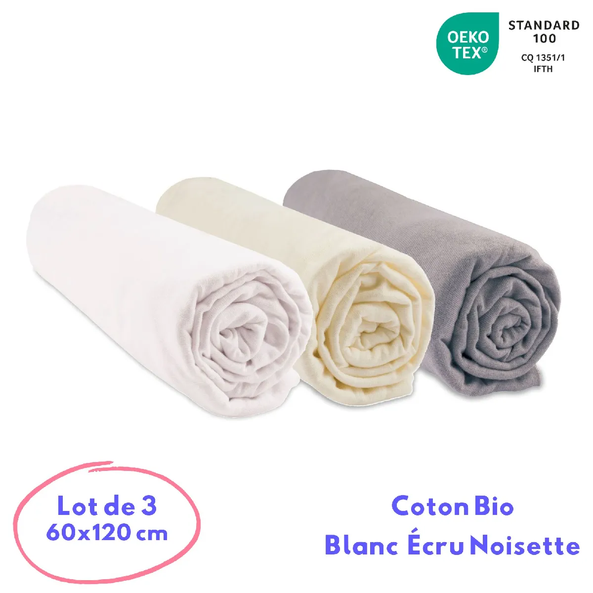 Easy Dort Lot De 3 Draps Housse 100% Coton Bio - 60X120 Cm