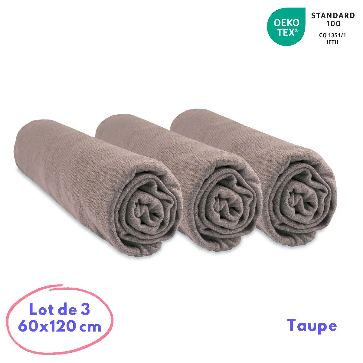 Lot de 3 Draps housse Bambou - 60x120 cm - Taupe