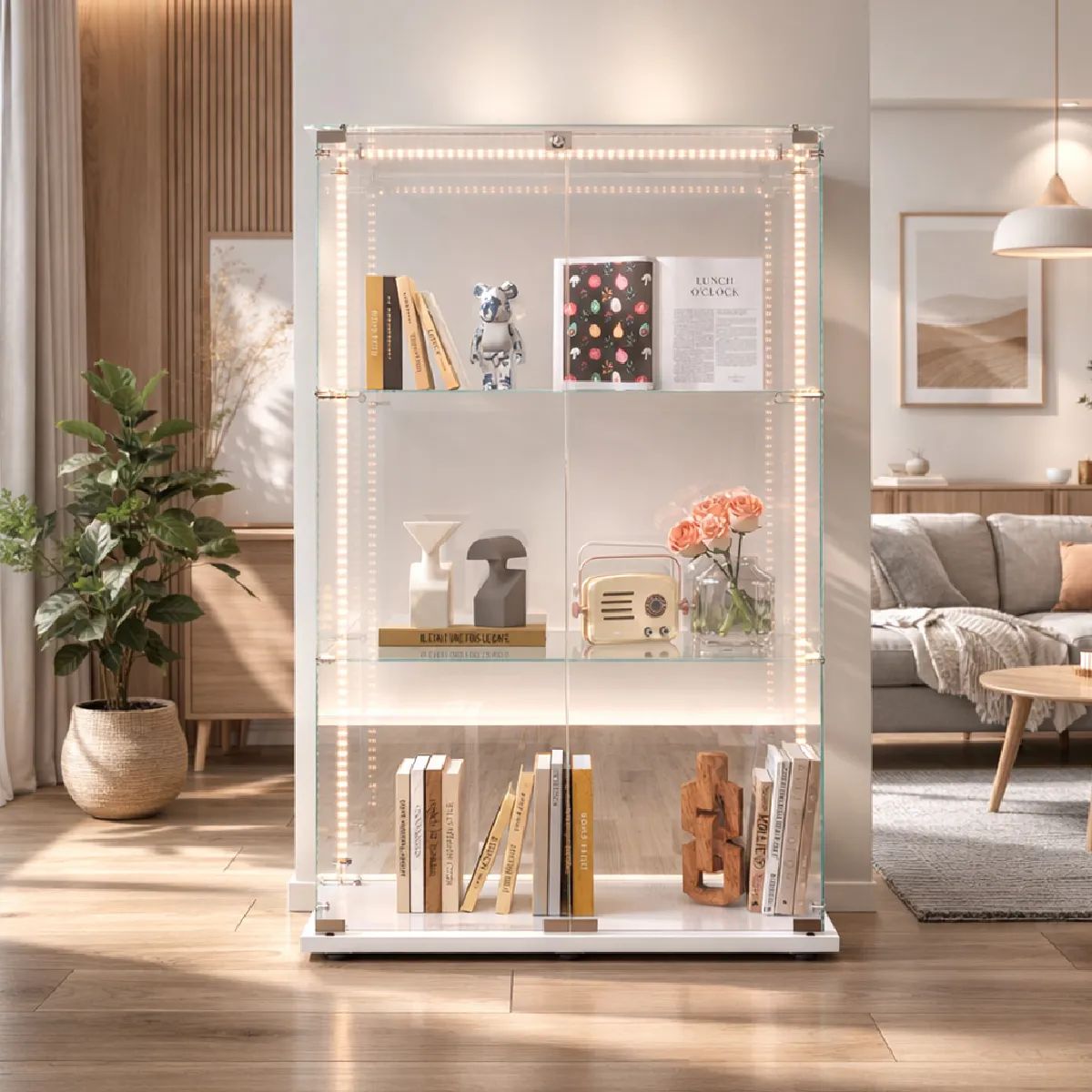 Vitrine en Verre avec LED, 2 Portes à Serrure et 3 Étagères, 123x78.5x35 cm, Blanc