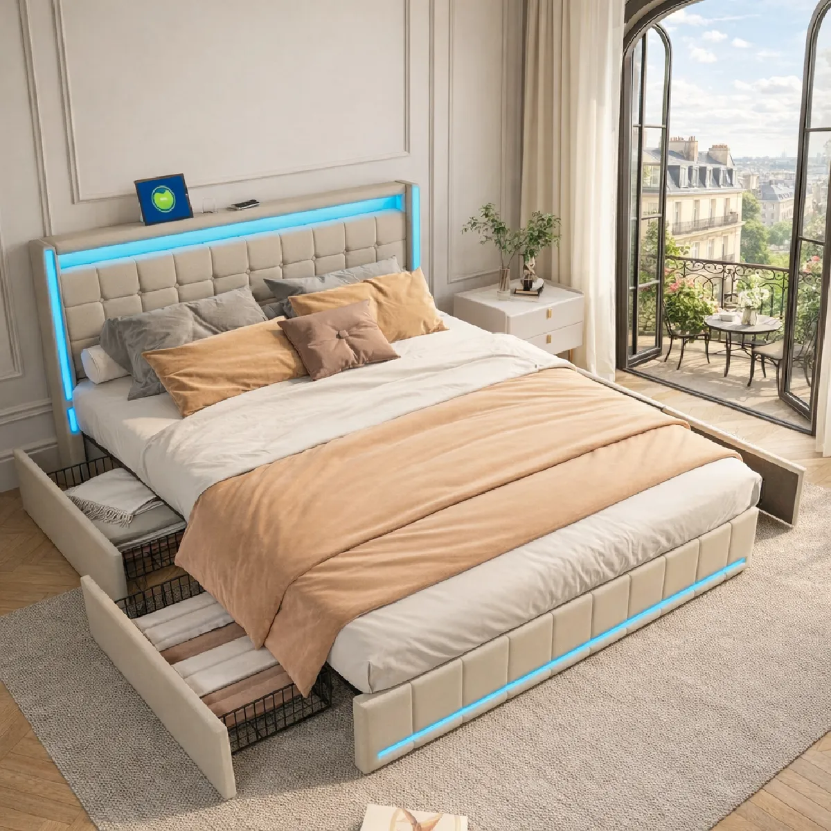 Lit double 160x200 cm avec éclairage LED et fonction de charge USB, 4 tiroirs, lin, beige