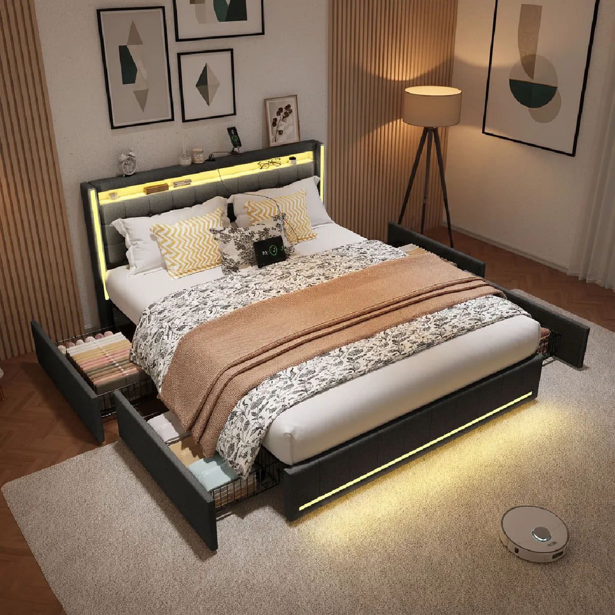 Lit double 140x200 cm avec éclairage LED et fonction de charge USB, 4 tiroirs, lin, gris
