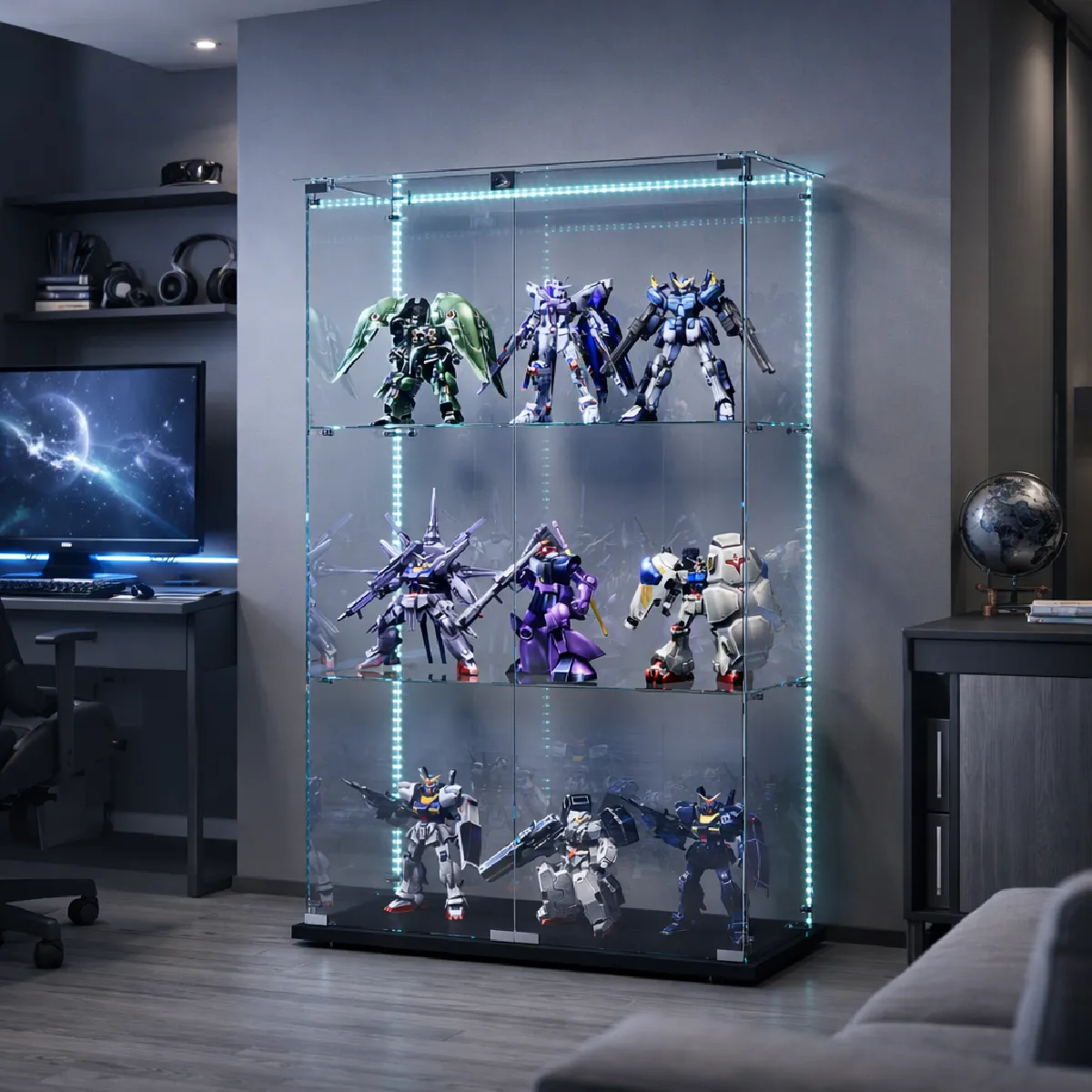 Vitrine en Verre avec LED, 2 Portes à Serrure et 3 Étagères, 123x78.5x35 cm, Noir
