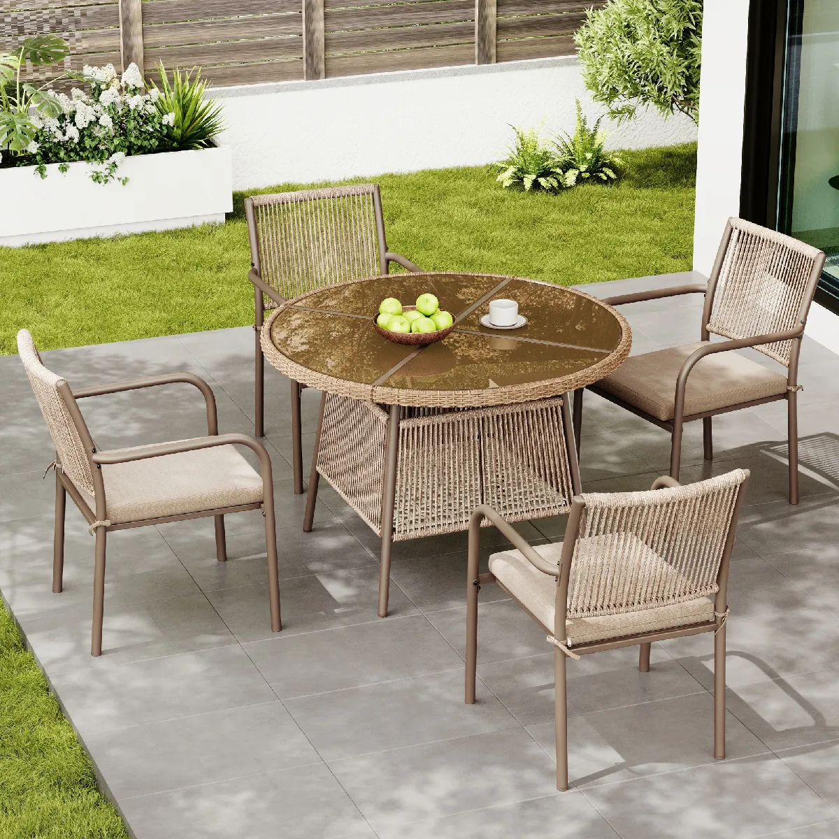 Salon de jardin rotin 5 pièces table verre 4 fauteuils coussins inclus fer - vue 2