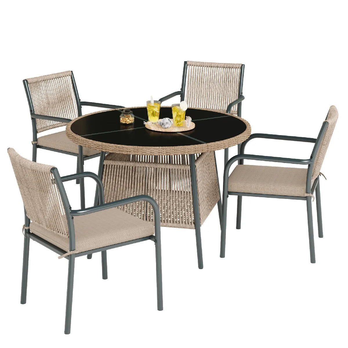 Salon de jardin rotin 5 pièces table verre 4 fauteuils coussins inclus fer