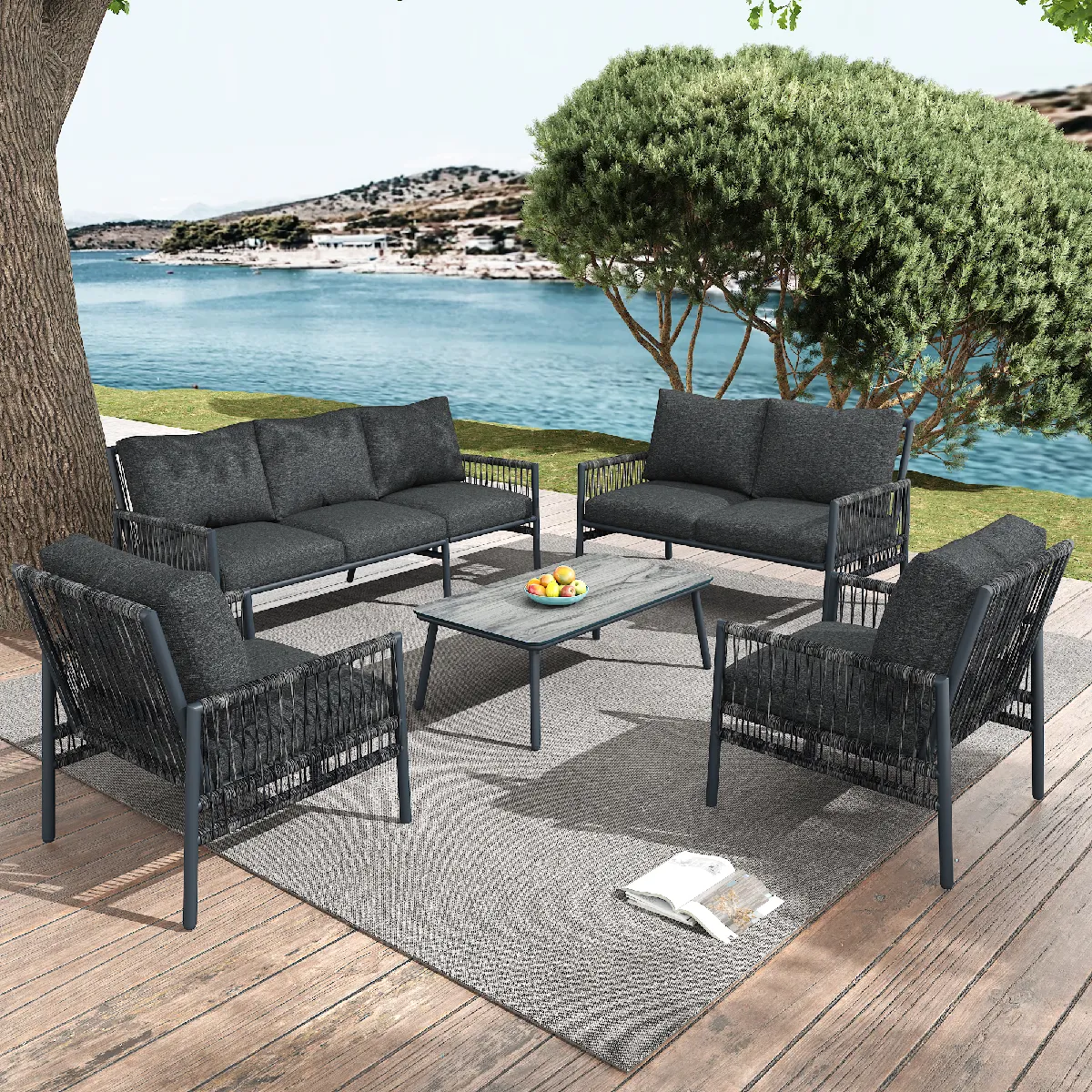 Ensemble jardin 7 places rotin PE acier table verre trempé coussins lavables
