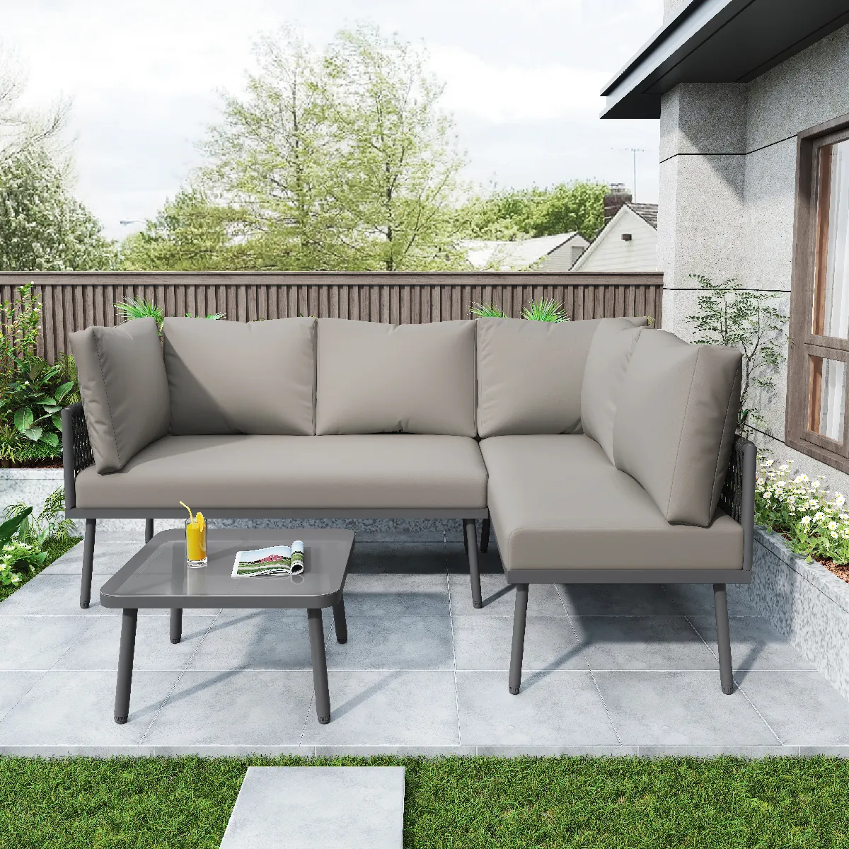Ensemble jardin corde 2 canapés table coussins inclus pieds réglables