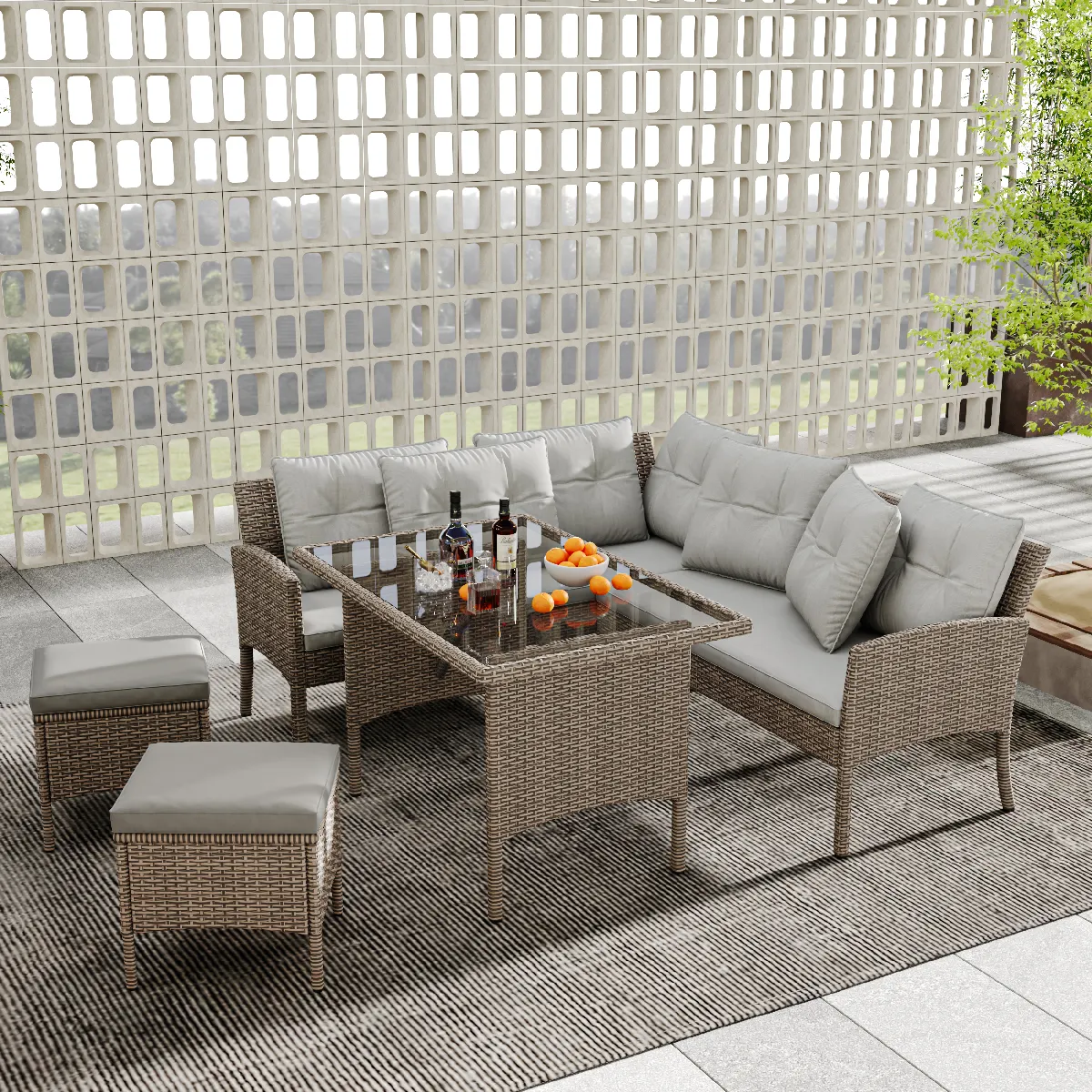 Salon jardin 7 places poly rattan canapé table tabourets housse lavable - vue 2