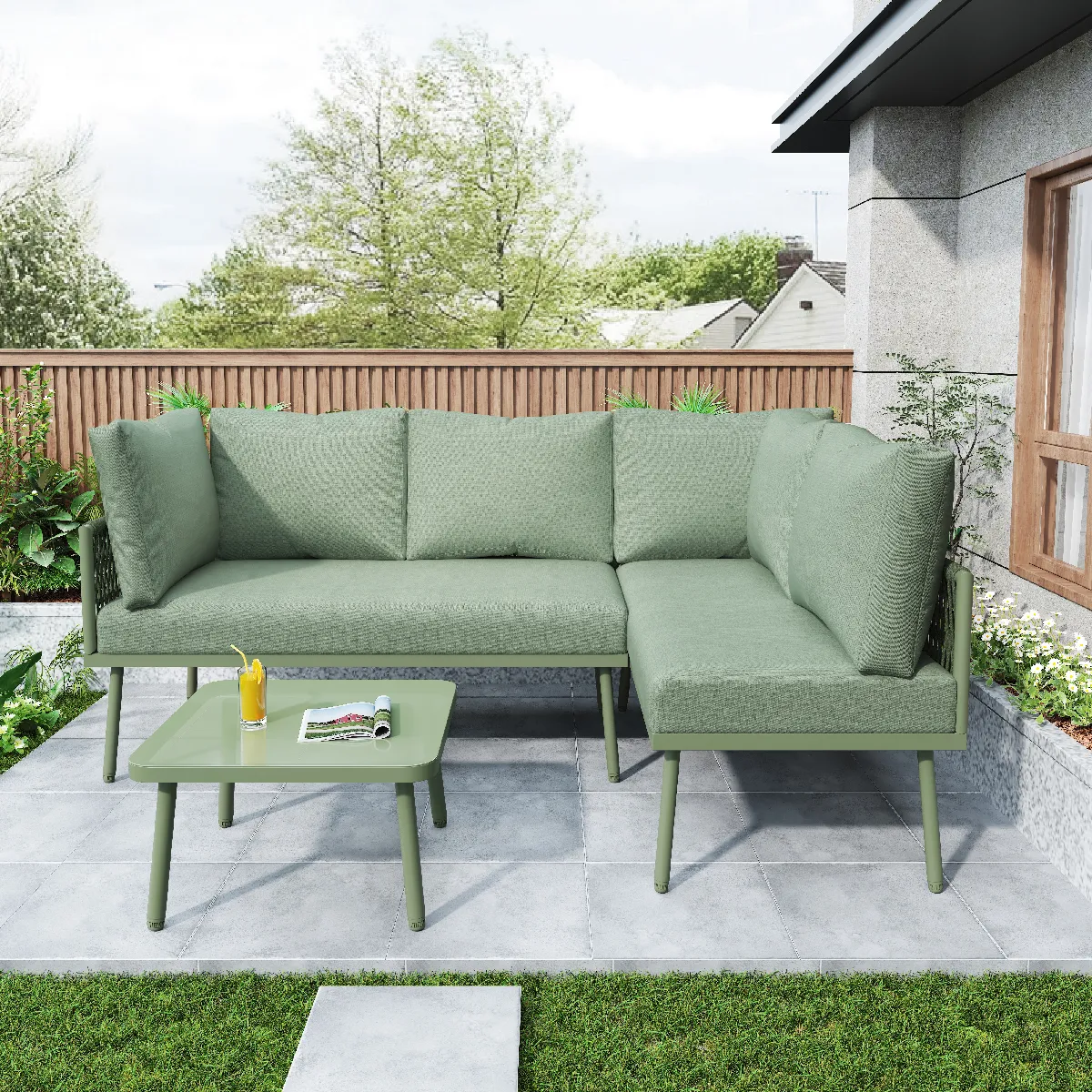 Ensemble jardin corde 2 canapés table coussins inclus pieds réglables - vue 2