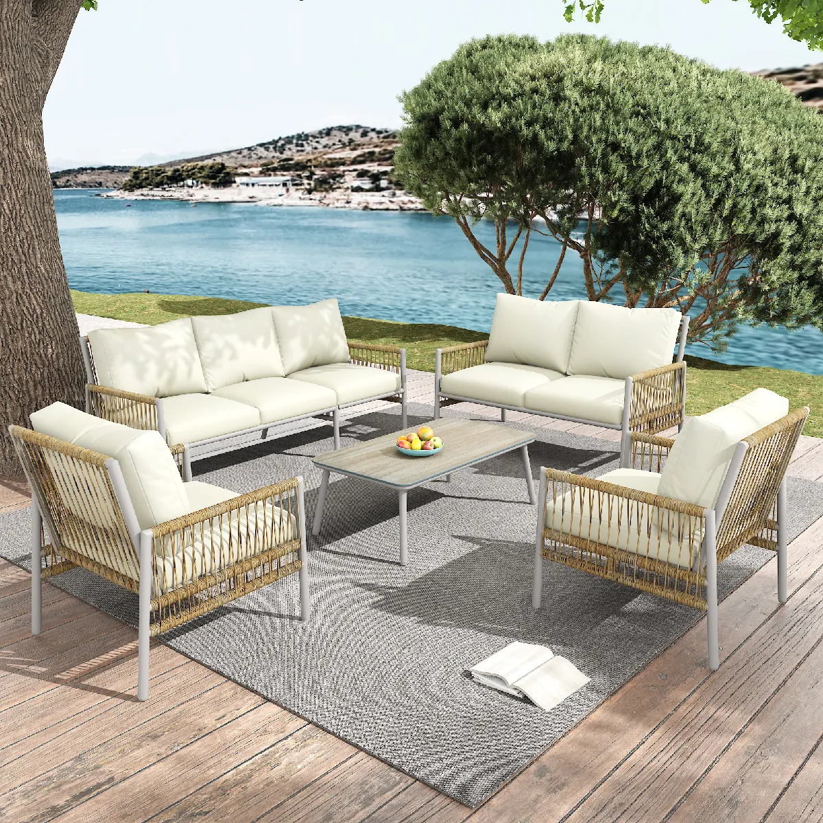 Ensemble jardin 7 places rotin PE acier table verre trempé coussins lavables - vue 2