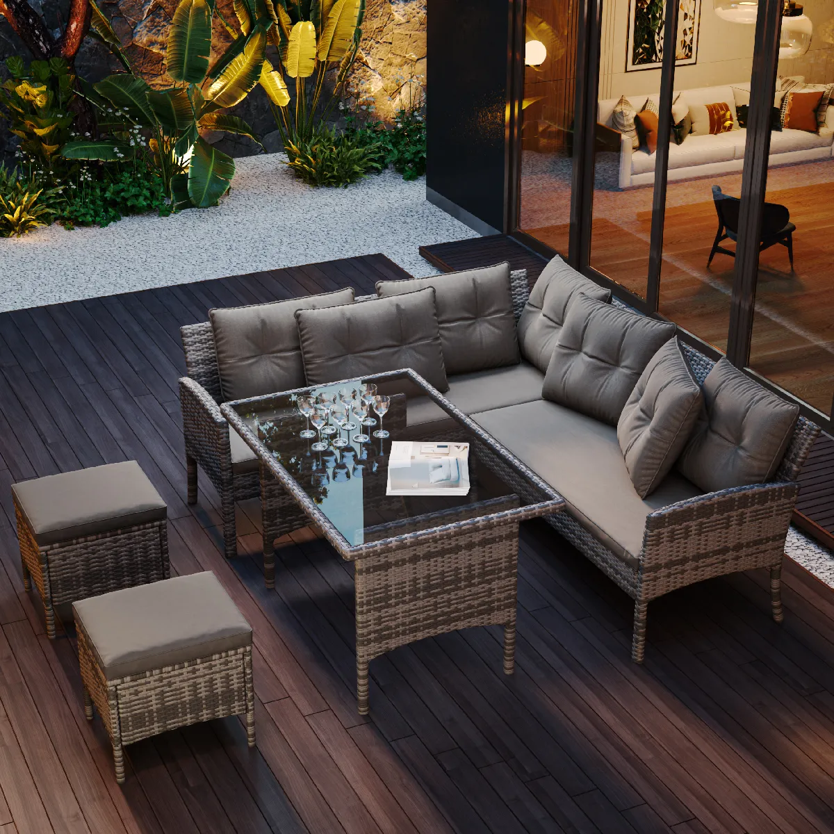 Salon jardin 7 places poly rattan canapé table tabourets housse lavable
