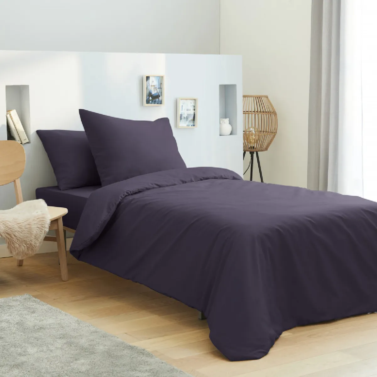 Pack 2 pièces HDC 140 x 200 + Drap housse Offert unie prune 100% Coton / 57 Fils/cm²