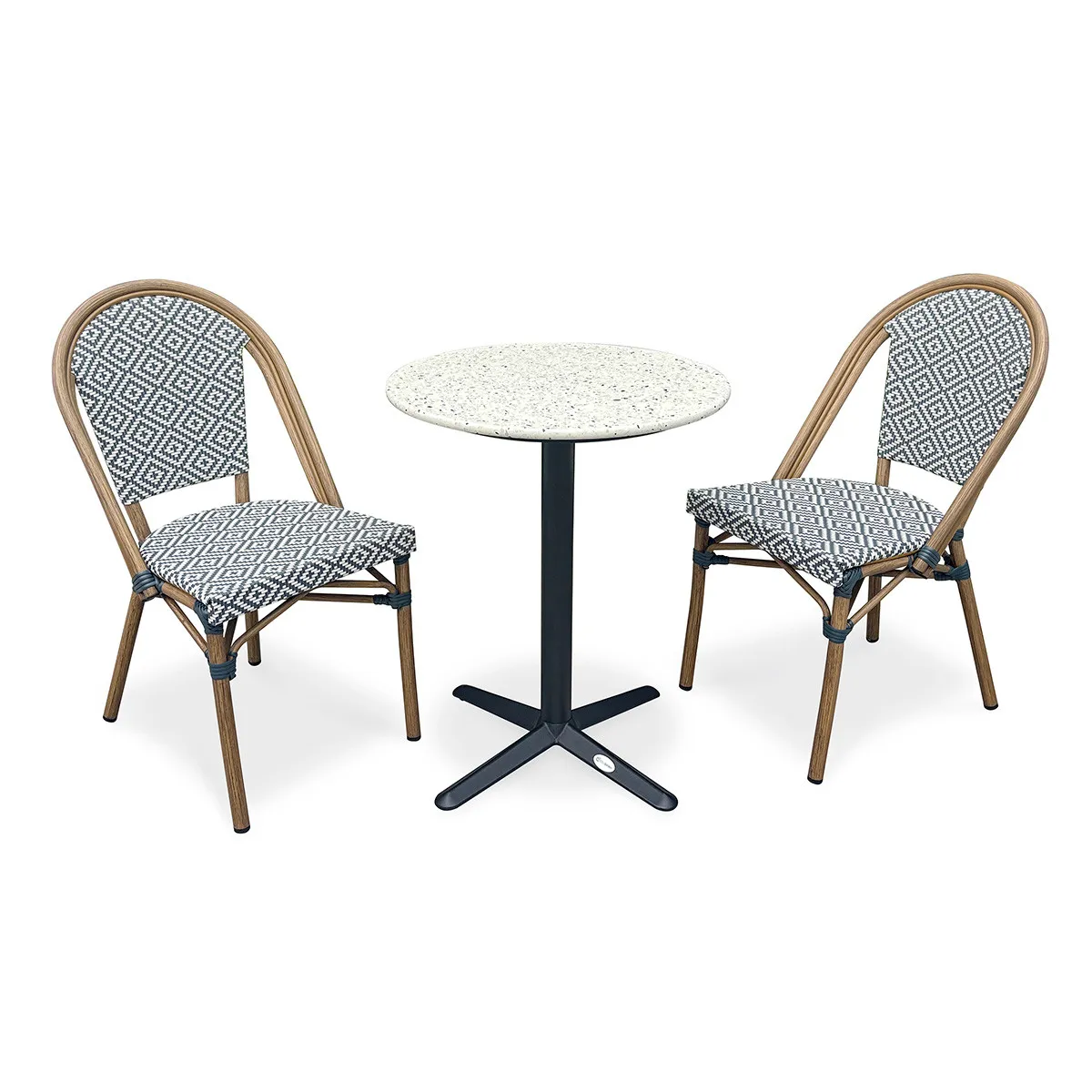 Ensemble Table de Jardin en Terrazzo & 2 Chaises Bistro 60cm Bleu