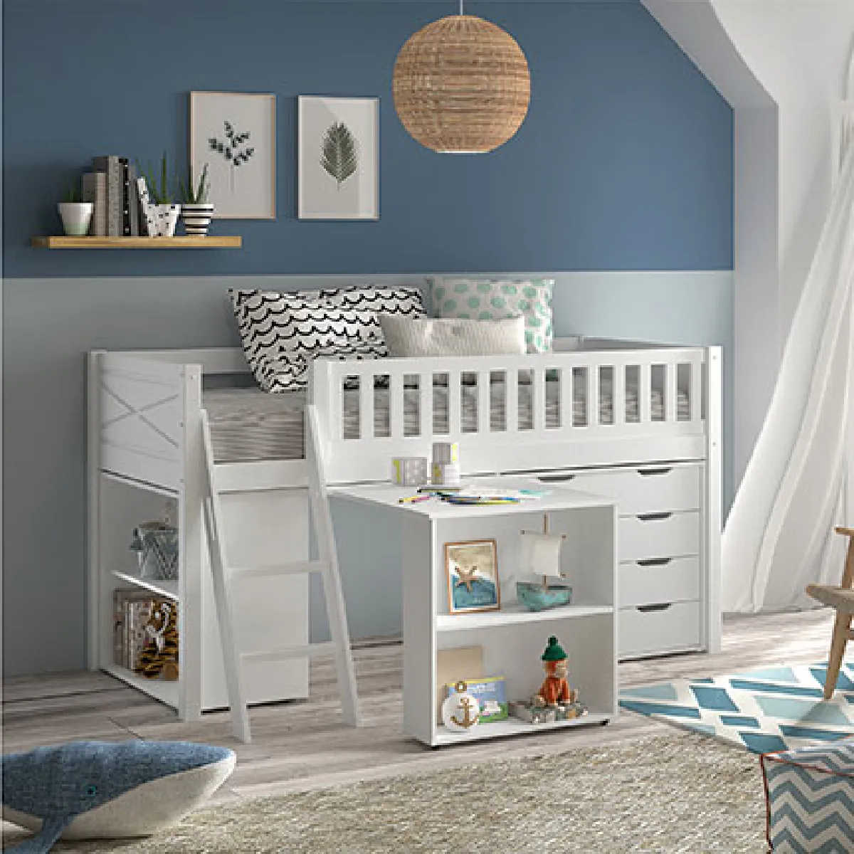 Lit surélevé 90x200 avec bureau, étagères et commode blanc - NIFTY