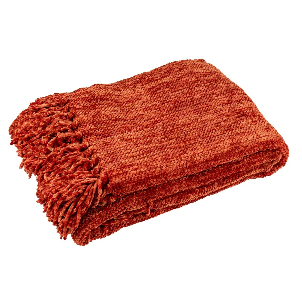 PARIS PRIX Plaid &agrave; Franges Chenille 130x170cm Rouille