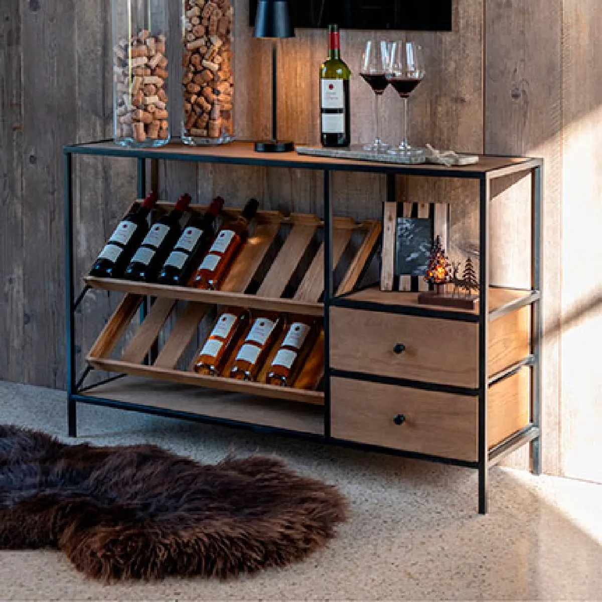 Meuble bar 2 tiroirs 120x33x77 cm naturel et noir - SANARY