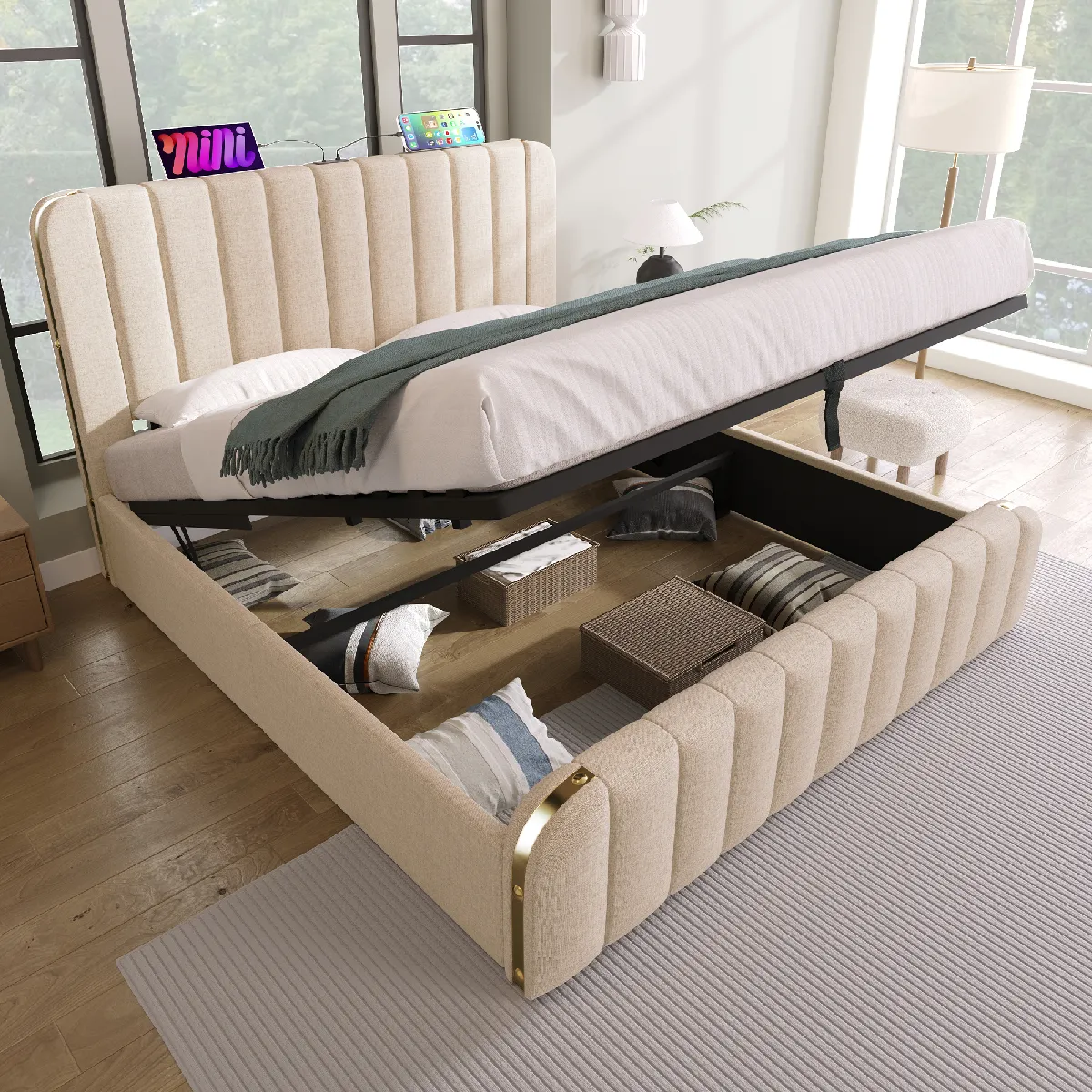 KOMHTOM Coffre Lit 140x200cm Vérin Hydraulique Tête Capitonnée Or USB-C Charge 181kg Beige