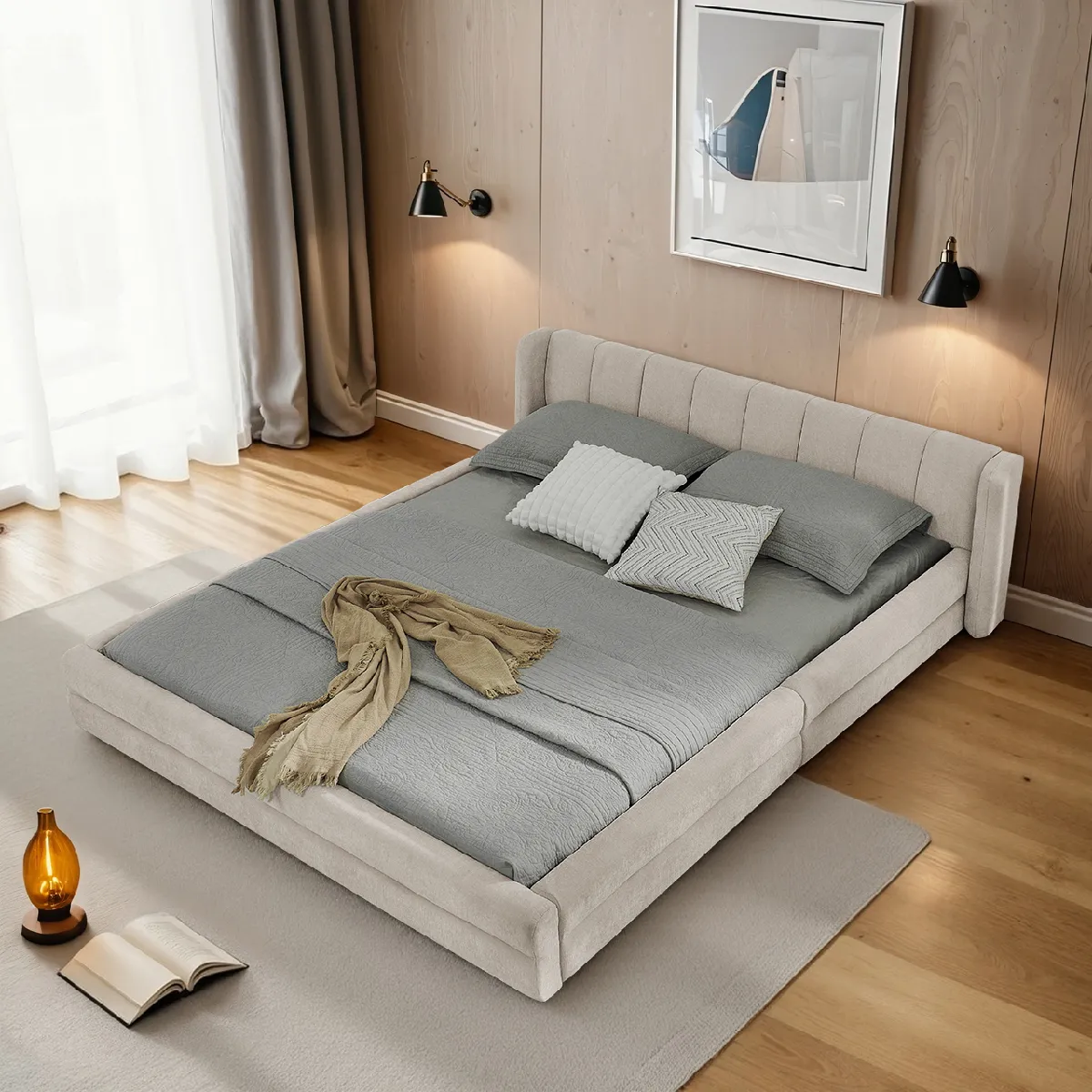 Lit double 160x200 cm chenille beige, dossier confortable, cadre eucalyptus et métal,300kg