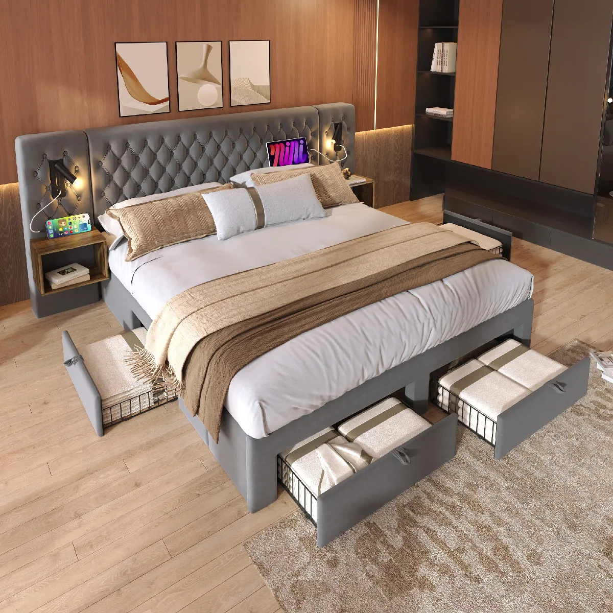 KOMHTOM Ensemble chambre 160x200cm lit rembourré, 2 chevets, 4 tiroirs, lampe USB, gris