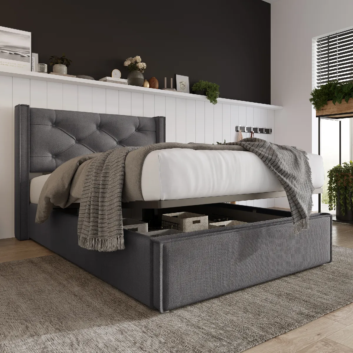 KOMHTOM Lit simple 90x200 cm, rangement hydraulique, matelas ressorts inclus, métal, gris
