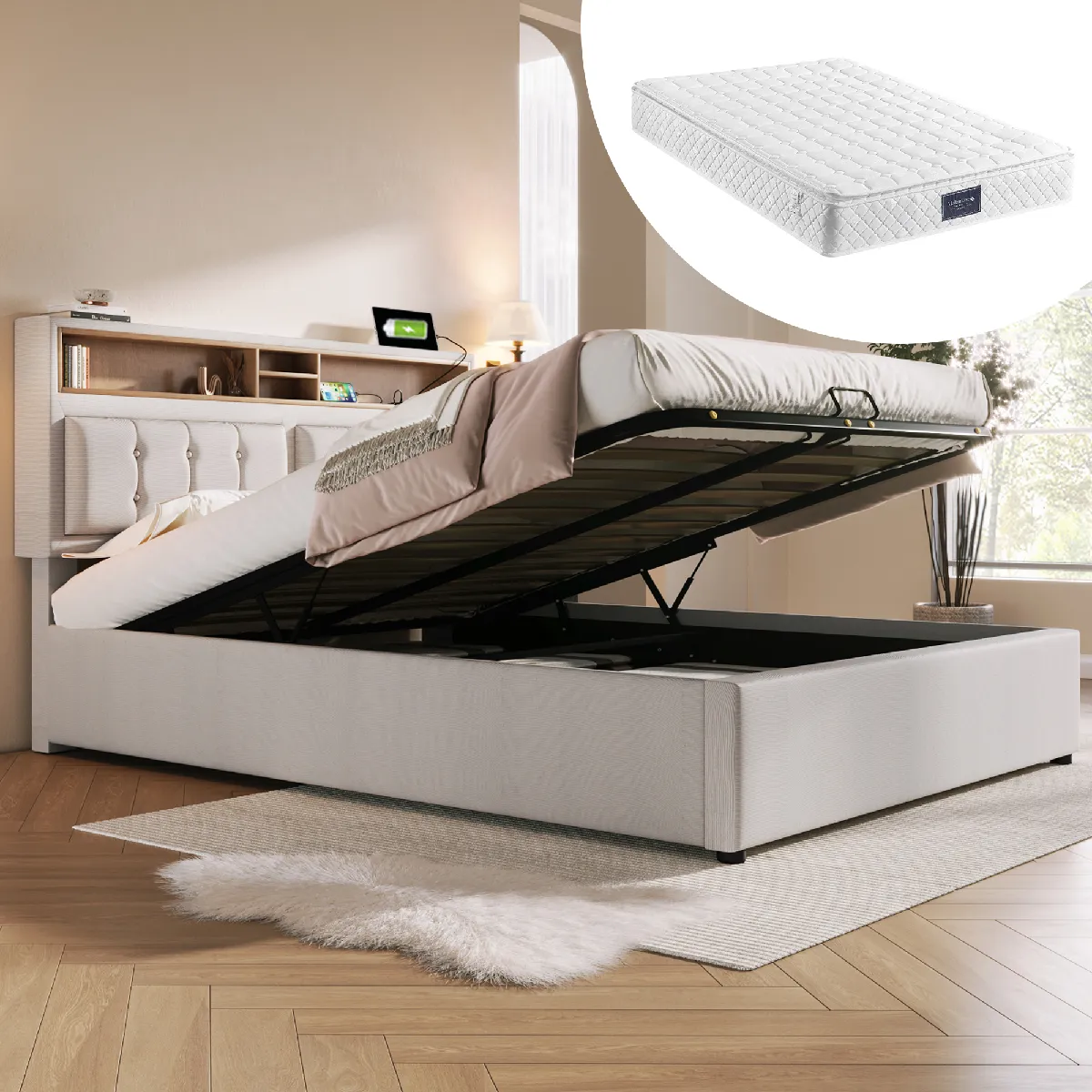 Lit Double 140x200 cm, Tête Réglable USB-C, Rangement, Matelas, Lin, Bois Métal, Beige