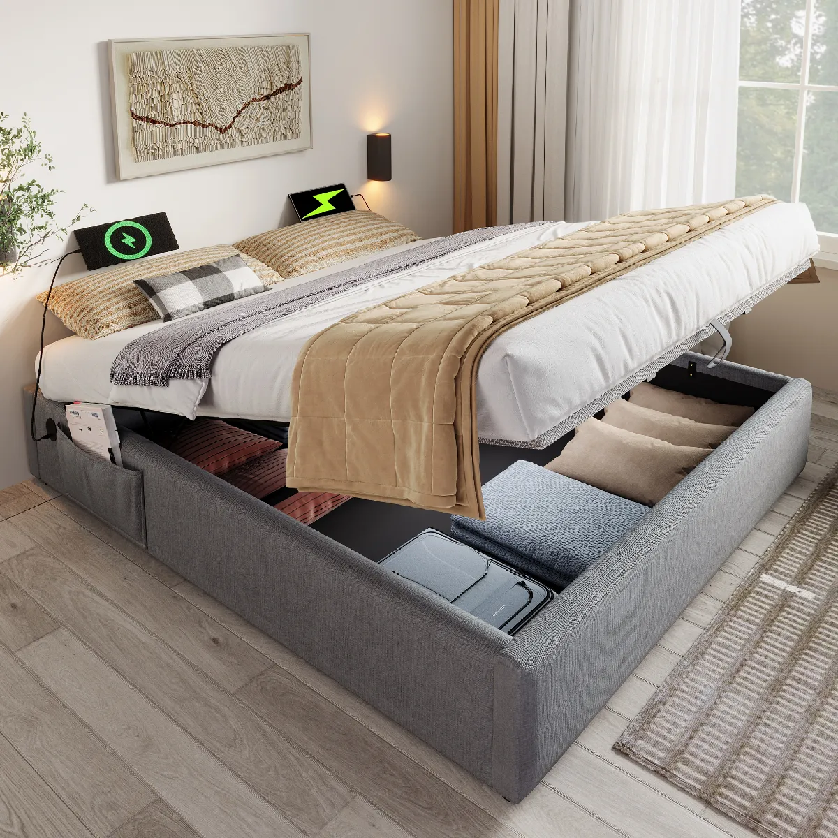 Lit double 140x200 cm, rangement hydraulique, ports USB-C, sommier bois massif, gris