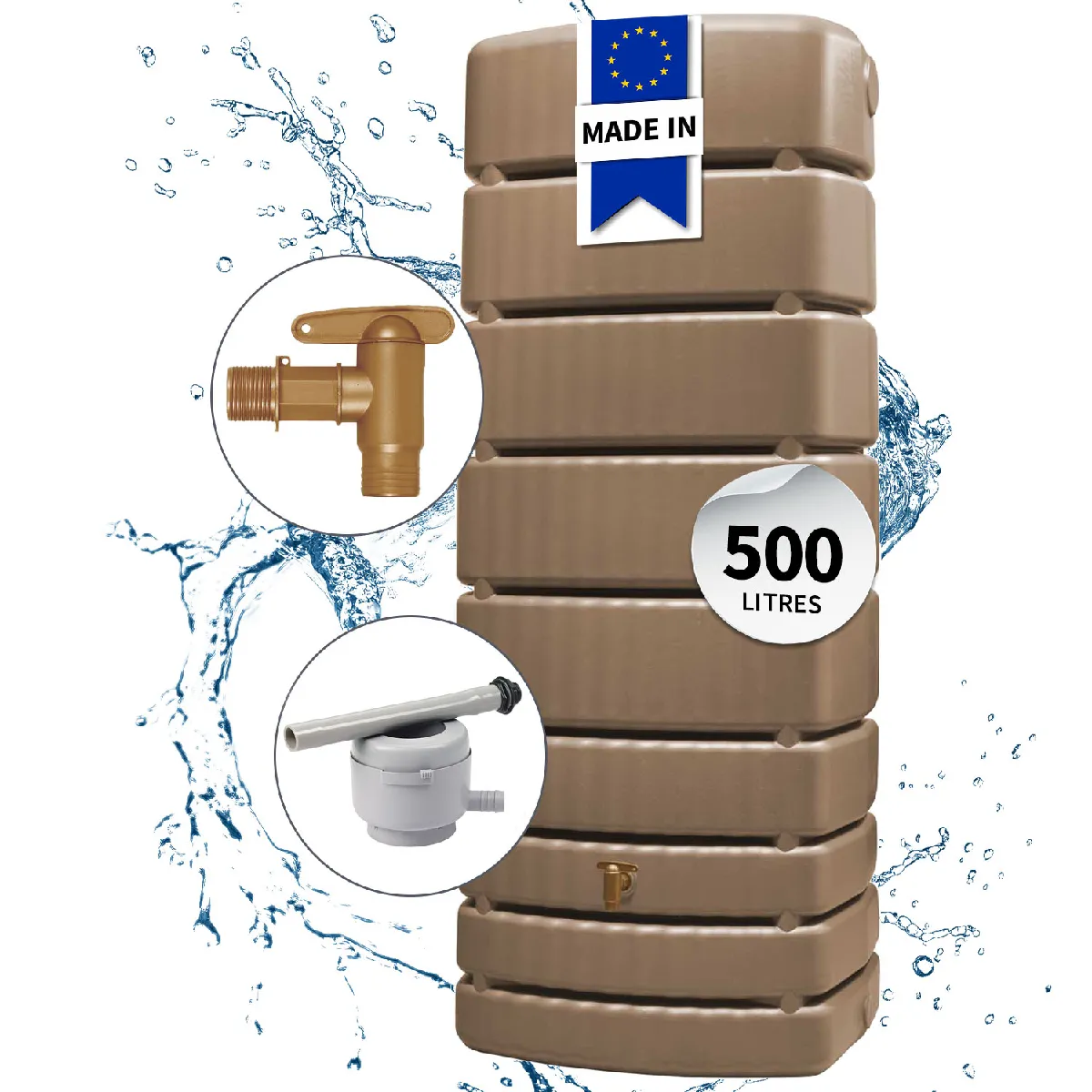 4RAIN  Kit Cuve Murale SLIM 500 L taupe avec Robinet PE Imitation laiton, Collecteur Filtrant Eco gris